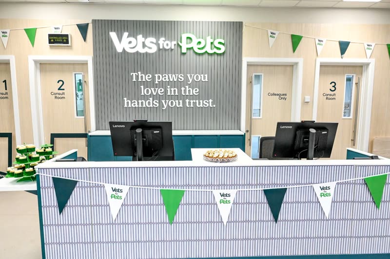 The reception desk at Vets for Pets Didcot, with consult room doors behind